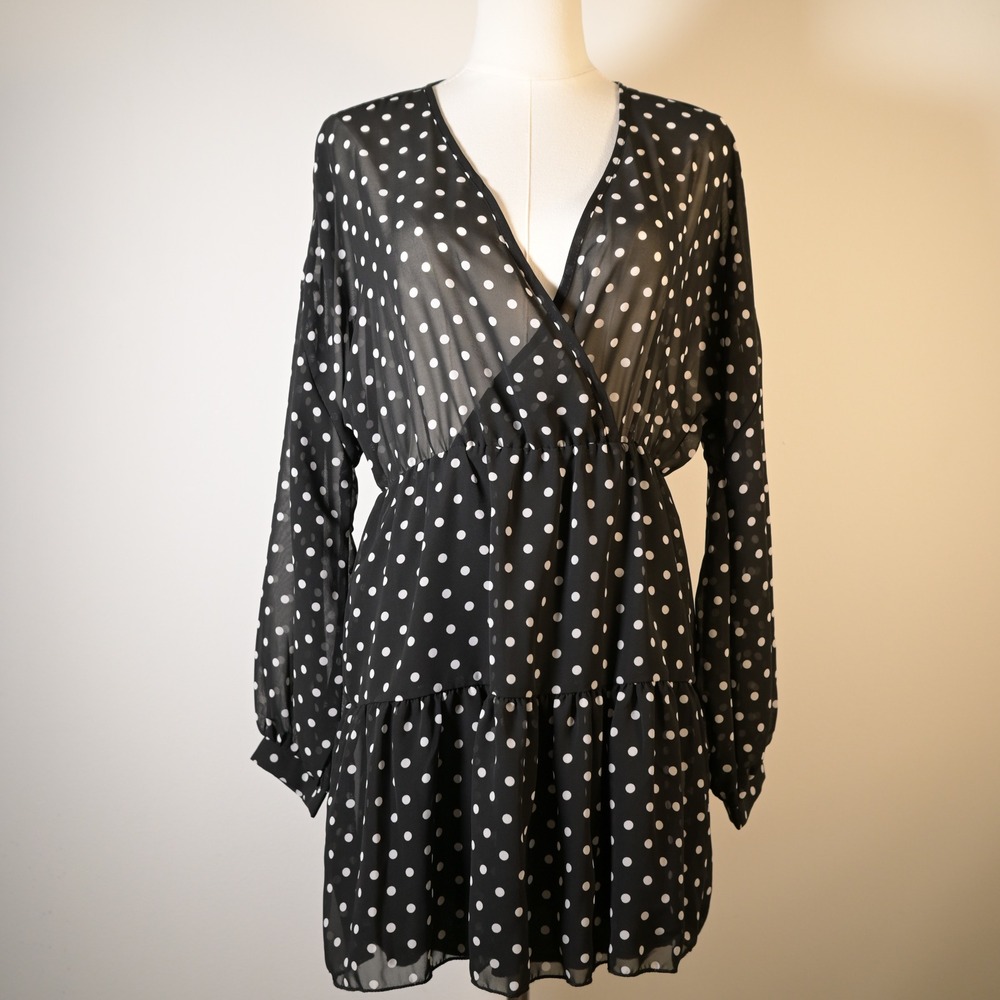 Boho Polka Dot M Surplice Mini Dress Black White Balloon Sleeve Chiffon Feminine
